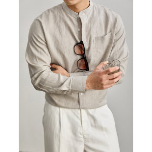 薄款 LUUD 男士 衬衫 吸湿透气立领衬衣 100%纯亚麻中山领极简风长袖