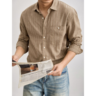 男春100%纯棉条纹长袖 LUUD 透气衬衫 极简风仿麻肌理薄款 衬衣 意式