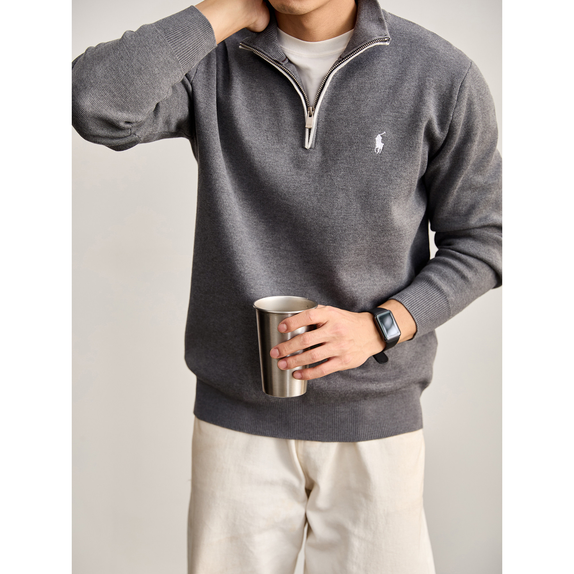 LUUD 都市休闲骑士刺绣套头针织上衣男士罗纹撞色半拉链立领毛衣,男装,针织衫/毛衣,淘宝优惠券,粉丝福利购,淘宝优惠卷