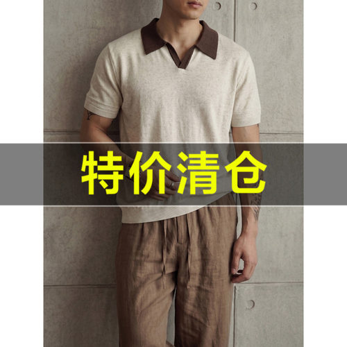 特价 男士夏季莱赛尔混纺亚麻短袖T恤衫复古撞色海鸥领针织POLO衫