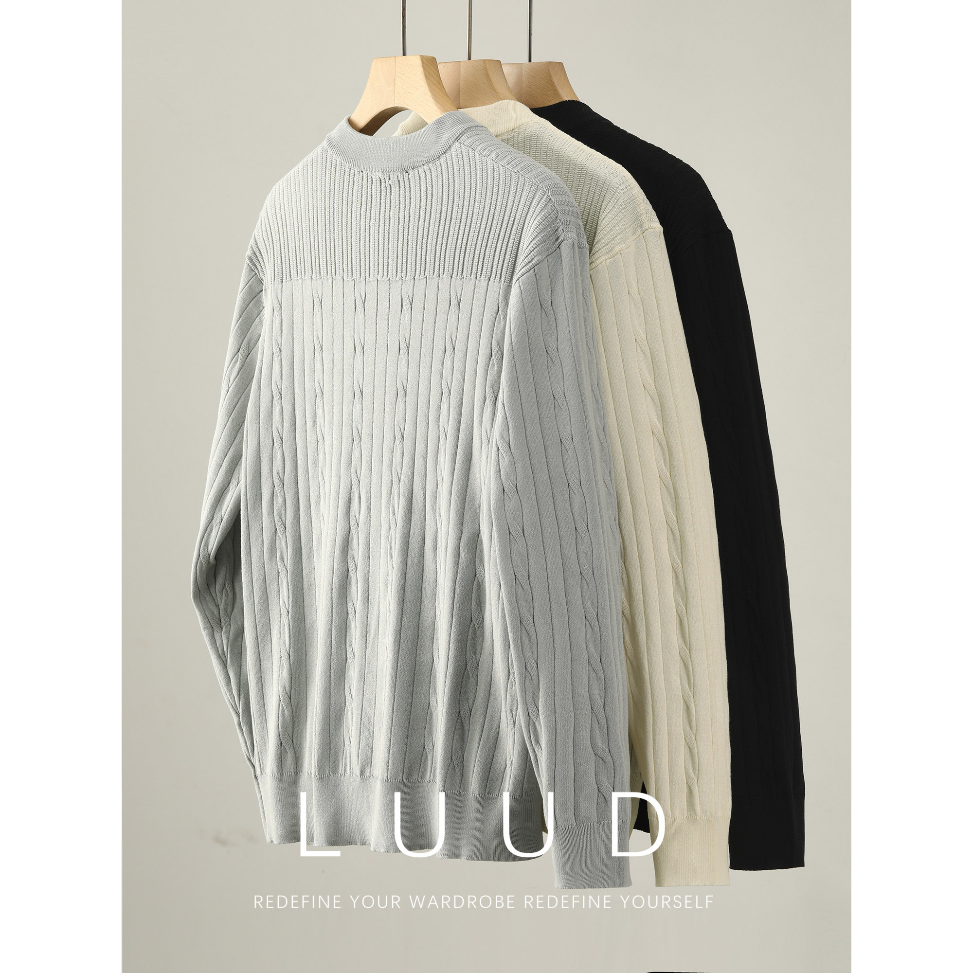 LUUD 男士薄款透气舒适毛衣外套春秋季麻花肌理纯色圆领针织开衫