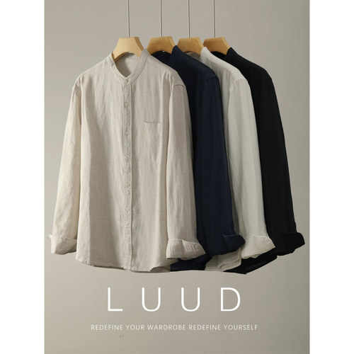 LUUD 新中式立领亚麻天丝长袖衬衫复古儒雅老钱口袋款百搭衬衣男