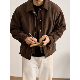 LUUD 假两件灯芯绒拼接麂皮绒翻领夹克男秋冬内里加绒双门襟外套