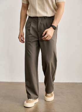 LUUD 绵羊毛混纺净色抗皱垂感通勤西裤男松紧拼接扣直筒休闲长裤