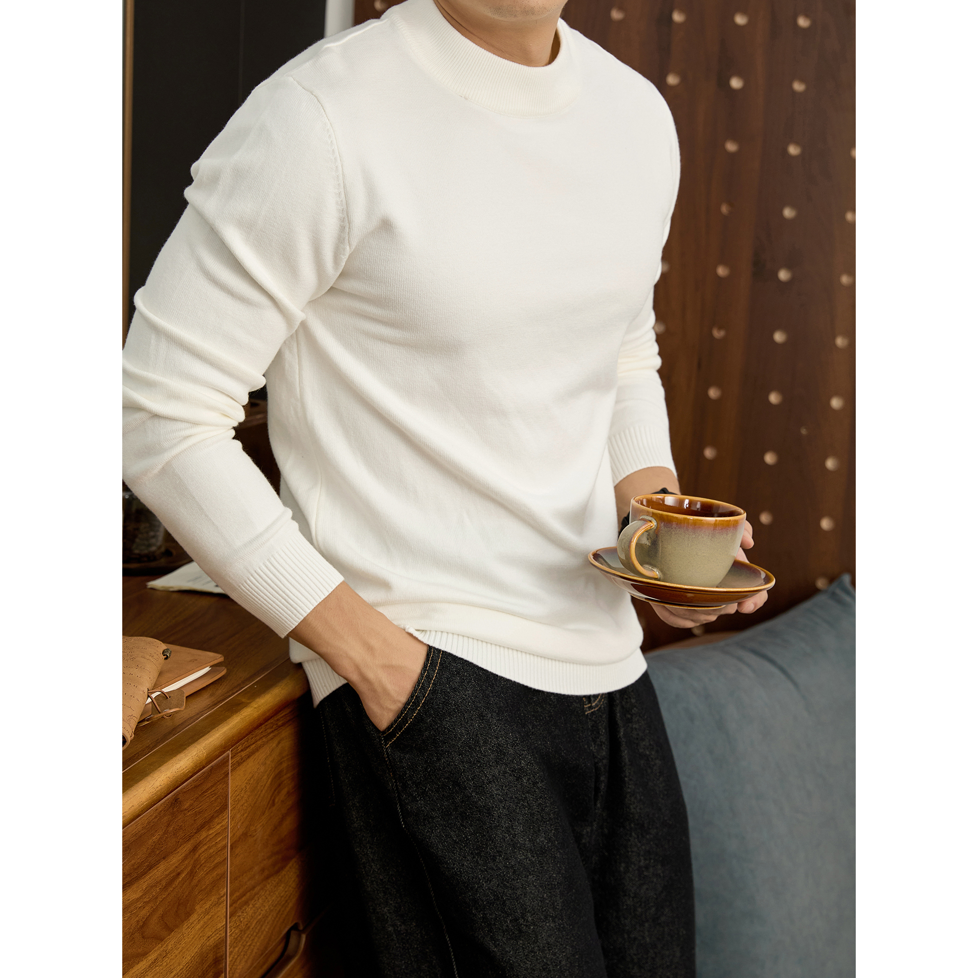 LUUD 白色保暖修身打底针织衫男款亲肤柔软莫代尔半高领长袖毛衣
