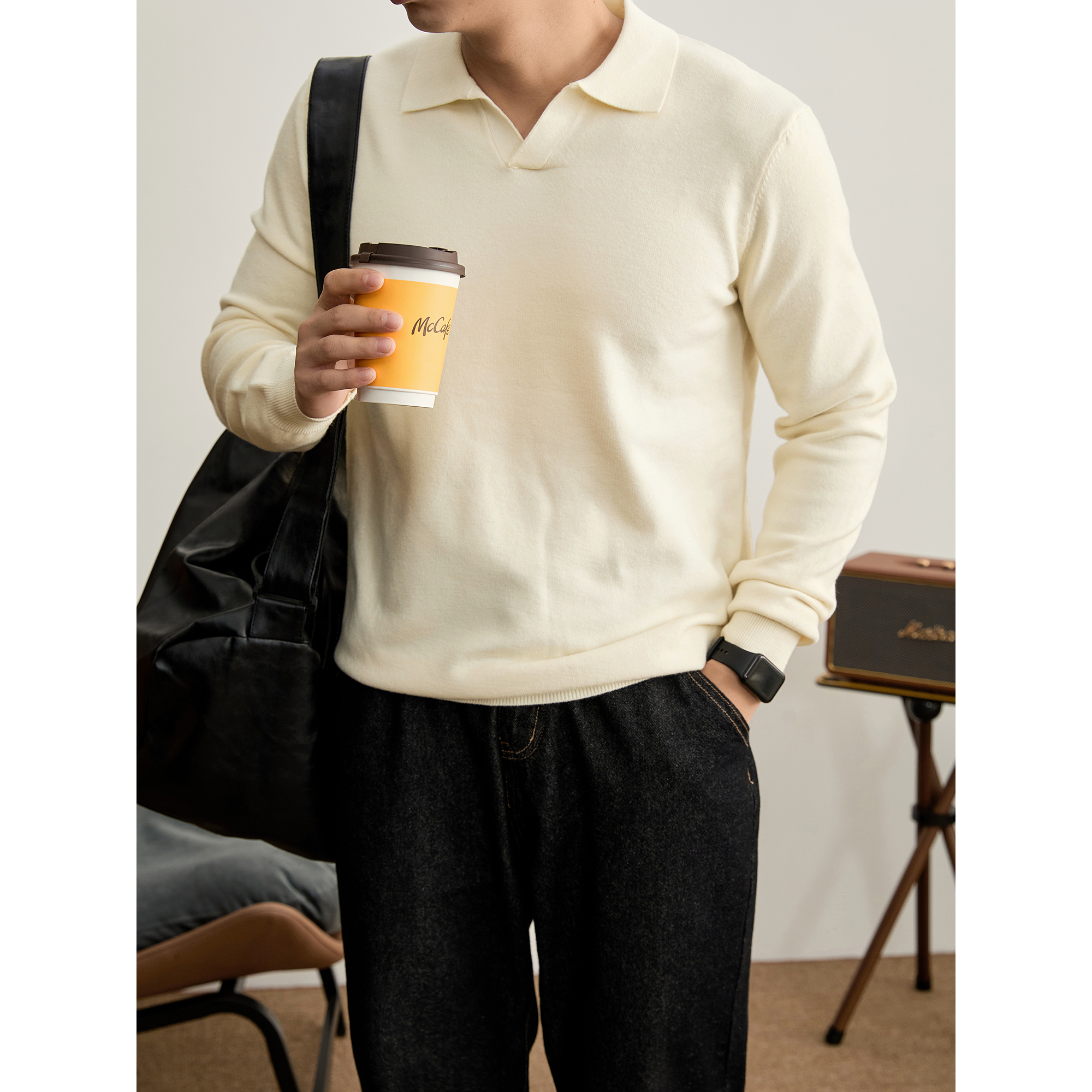 LUUD 新贵老钱风Polo领套头针织衫秋冬季海鸥领绵羊毛混纺毛衣男