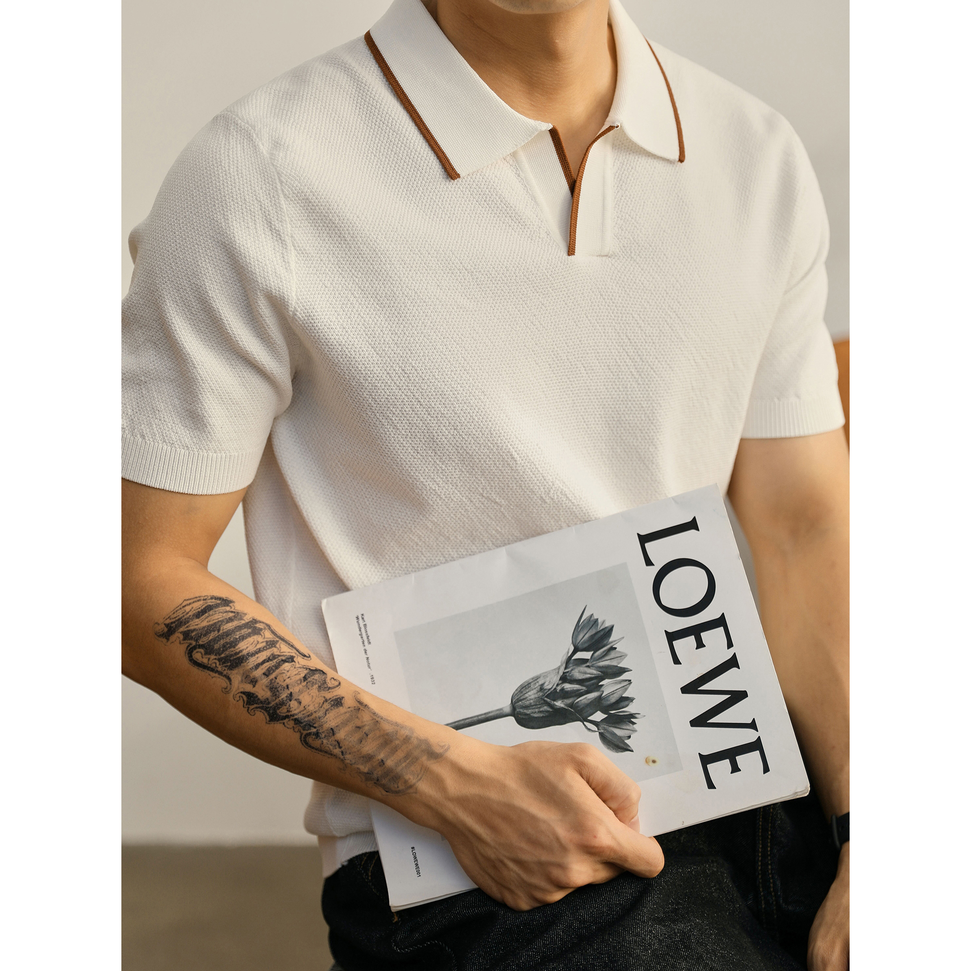 LUUD 高级感极简潮奢拼色翻领针织短袖颗粒肌理感修身男士POLO衫