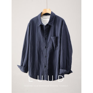 LUUD 男天丝莱赛尔混纺休闲衬衣纯色外套 藏青色洗水肌理翻领衬衫