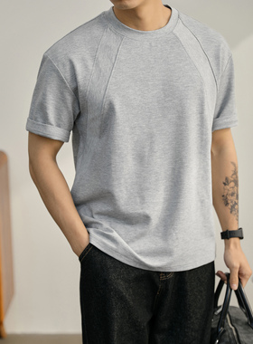 LUUD  花灰色解构拼接T恤男夏季纯色微阔体恤复古休闲圆领短袖衫