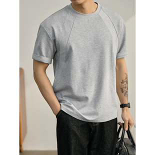 衫 纯色微阔体恤复古休闲圆领短袖 花灰色解构拼接T恤男夏季 LUUD