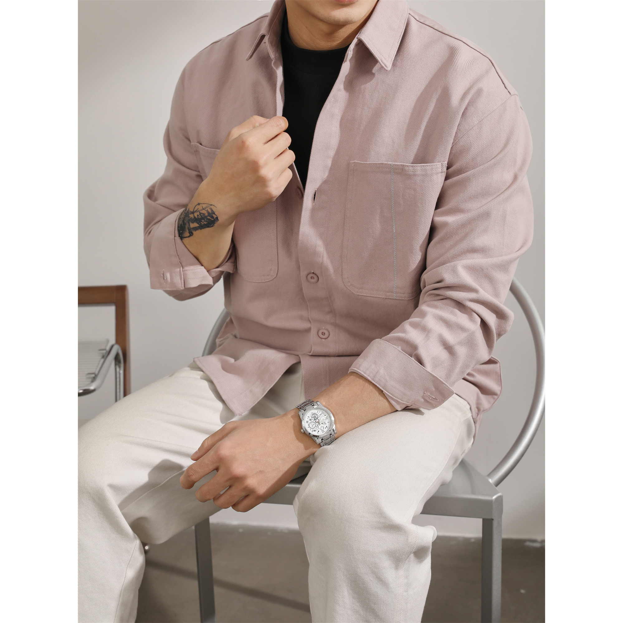 LUUD 水洗棉重磅长袖衬衫男秋季休闲单穿外搭衬衣百搭翻领外套潮