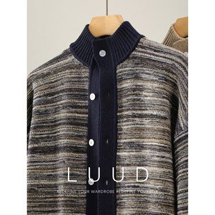 LUUD 莫代尔抗起球包芯纱半高领针织开衫混色条纹花纱毛衣外套男