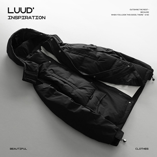 LUUD 黑色质感85高充鸭绒羽绒服男士加厚保暖连帽外套防寒面包服