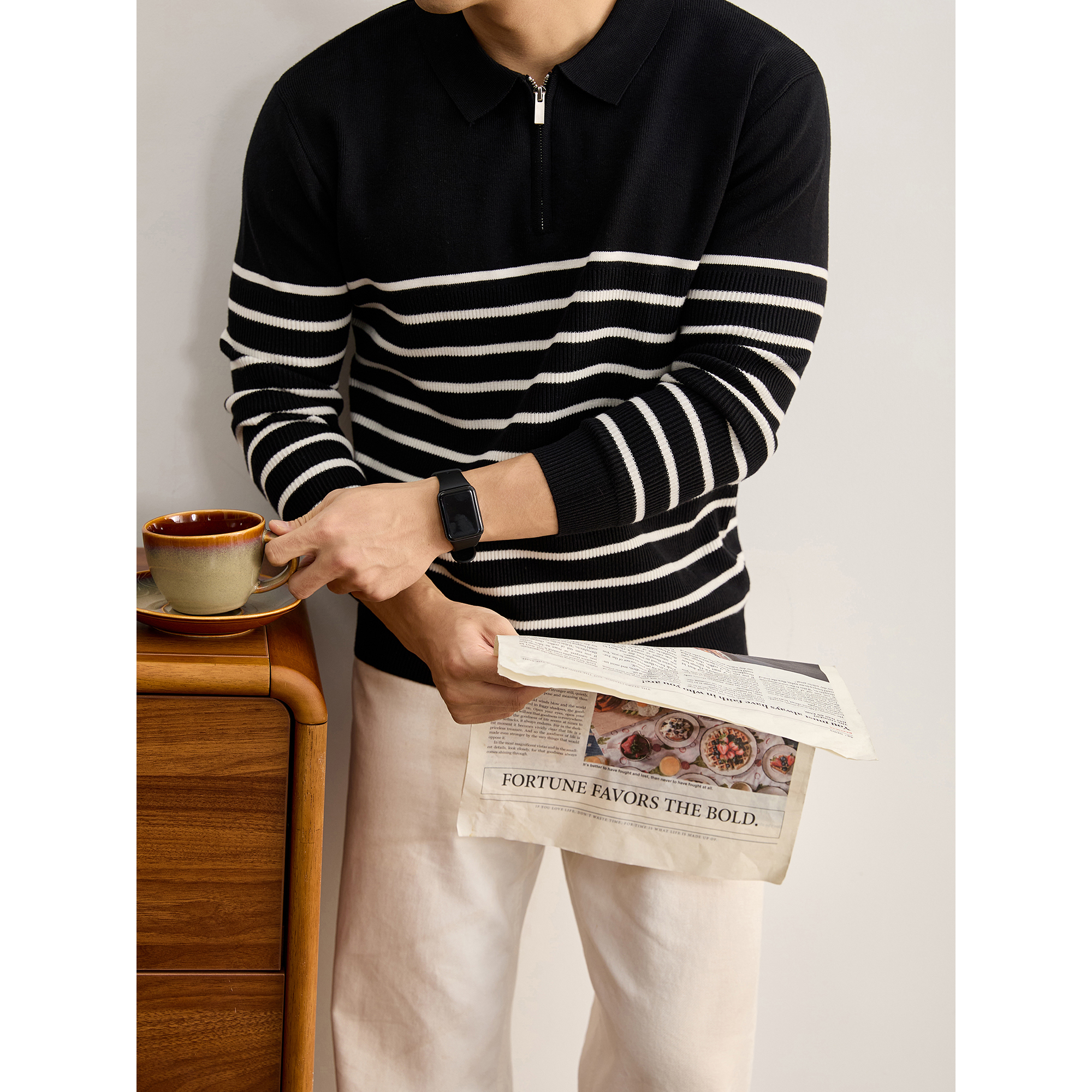 LUUD 都市通勤男士黑白条纹翻领毛衣秋冬季半拉链套头针织POLO衫