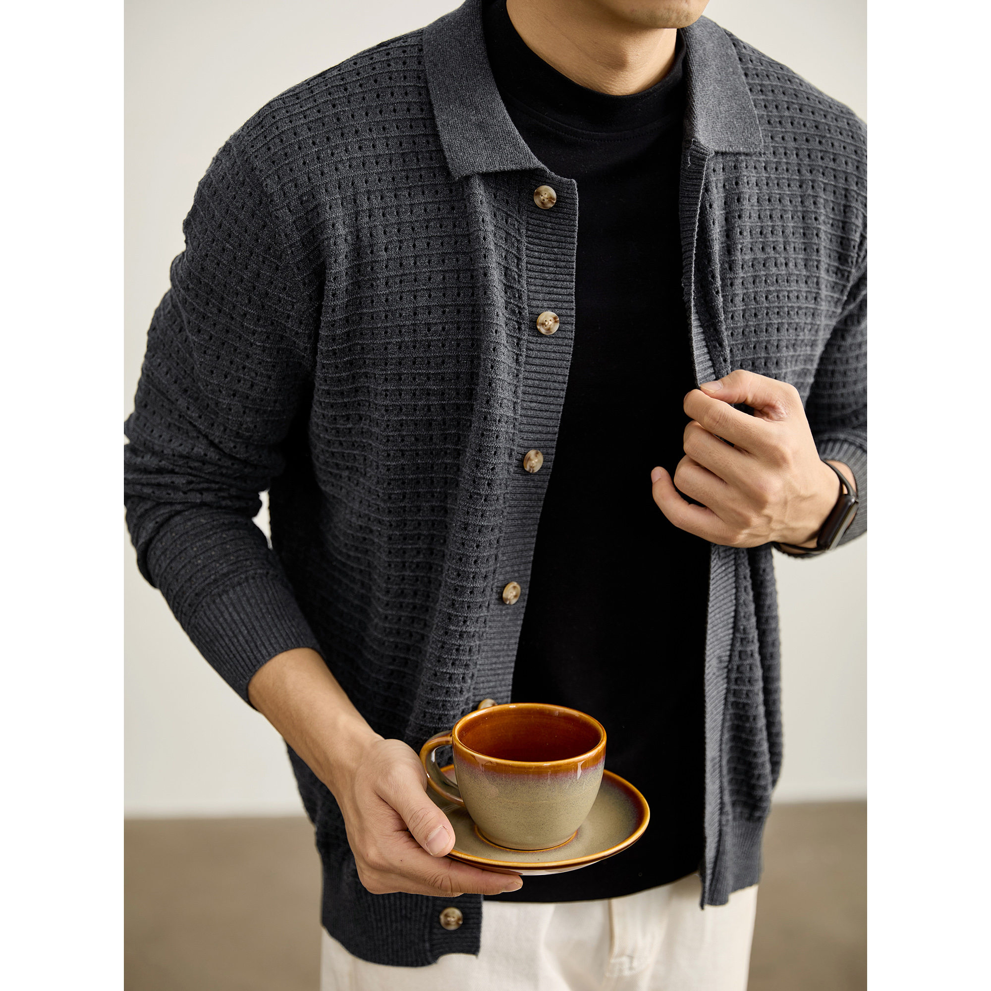 LUUD 极简通勤感100%纯棉针织开衫男镂空设计定制树脂扣毛衣外套