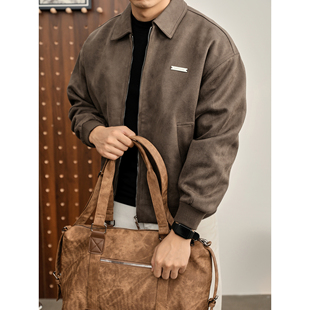 复古老钱保暖外套 型翻领夹克男秋冬季 LUUD 麂皮绒雾面boxy短宽版