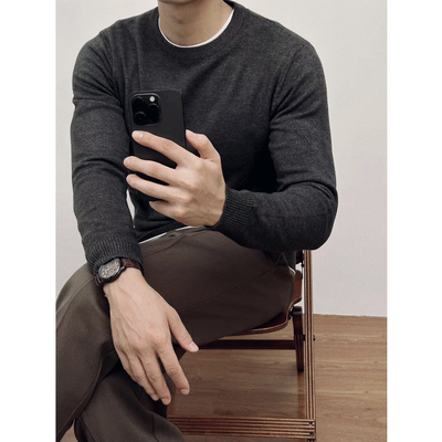 LUUD 深灰色气质长袖毛衣男士复古圆领套头包芯纱亲肤打底针织衫