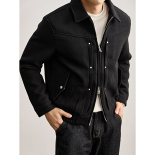 LUUD 外套男 羊毛混纺斜纹肌理保暖呢料夹克铆钉拼接双头拉链短款