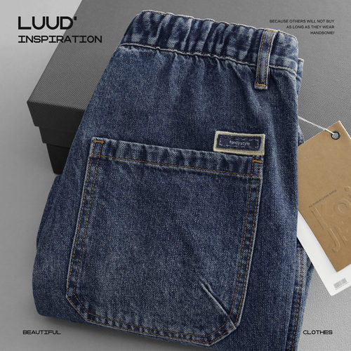 LUUD 美式牛仔裤男士做旧水洗长裤秋冬2025新款直筒休闲抽绳裤子
