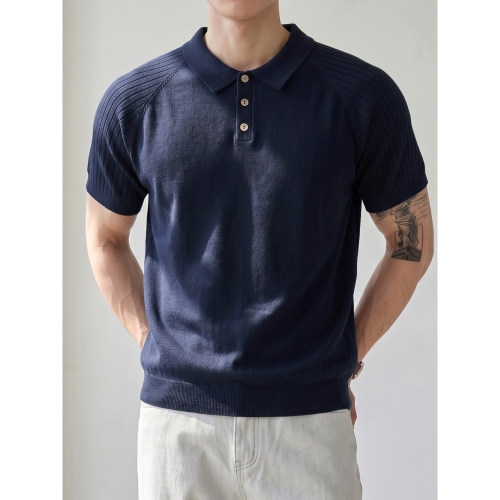 LUUD 都市通勤风坑条肌理插肩袖针织POLO衫男夏休闲翻领短袖T恤衫