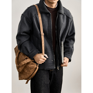 LUUD 极简加绒加厚翻领毛呢外套男保暖羊羔绒内里绵羊毛混纺夹克