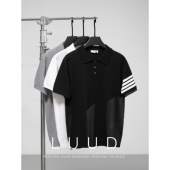 颗粒纹理拼色冰爽丝混纺潮男翻领短袖 LUUD 韩系四条杠针织POLO衫