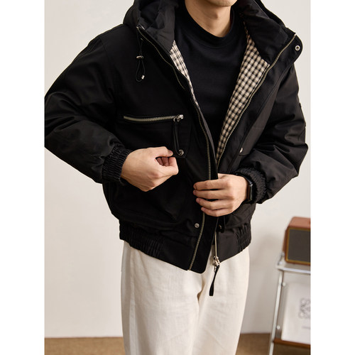 LUUD 功能性多口袋90鸭绒羽绒服男冬季格子内衬户外防风连帽外套