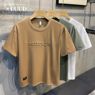 百搭圆领T恤衫 宽松款 韩版 原创立体英文压花短袖 男 LUUD 衫 纯色时尚