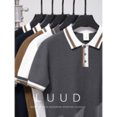 男冰凉纱感竖条肌理提花POLO衫 LUUD 英伦风雅奢拼色翻领针织短袖