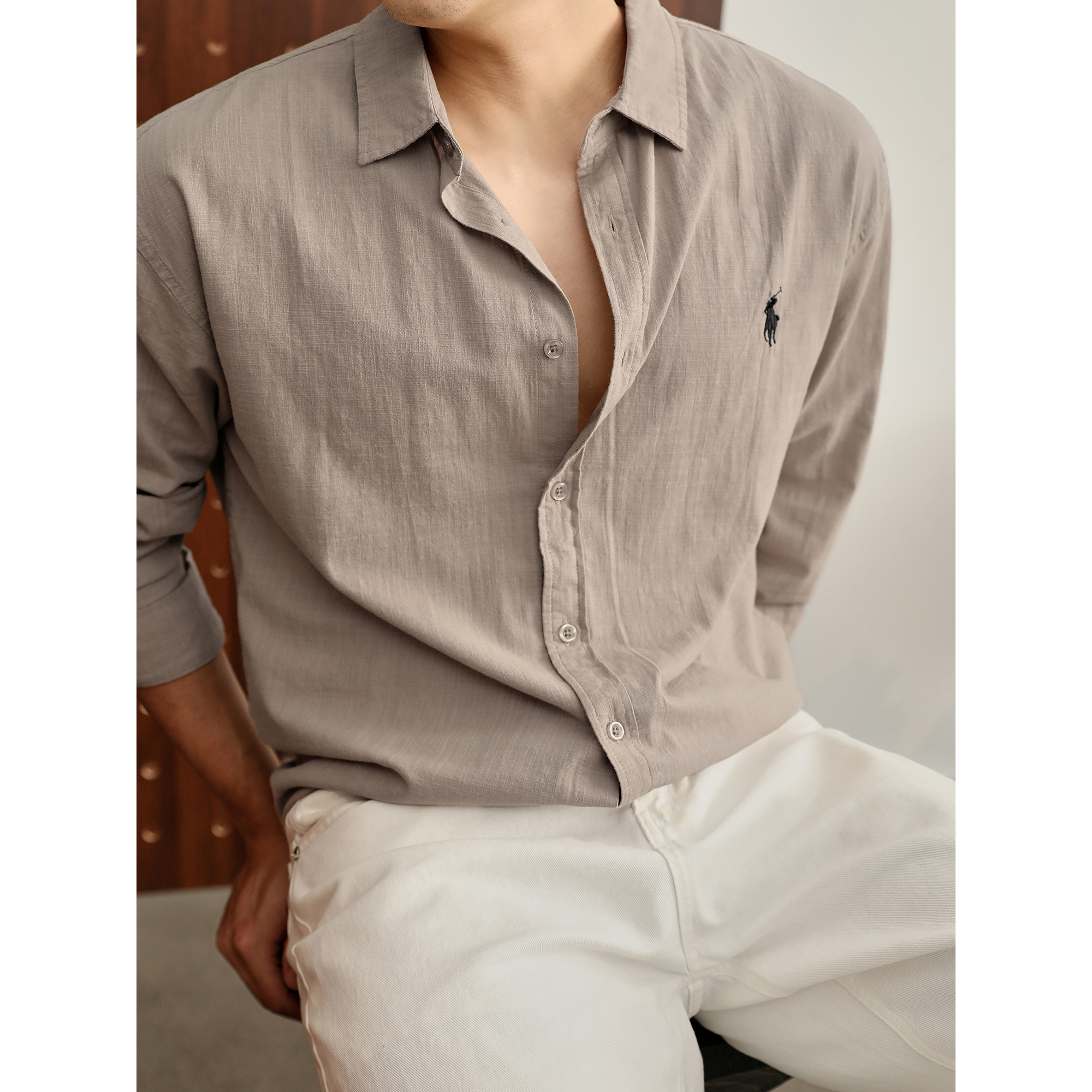 LUUD 慵懒老钱风男士长袖衬衫100%纯棉透气舒适刺绣翻领外套衬衣