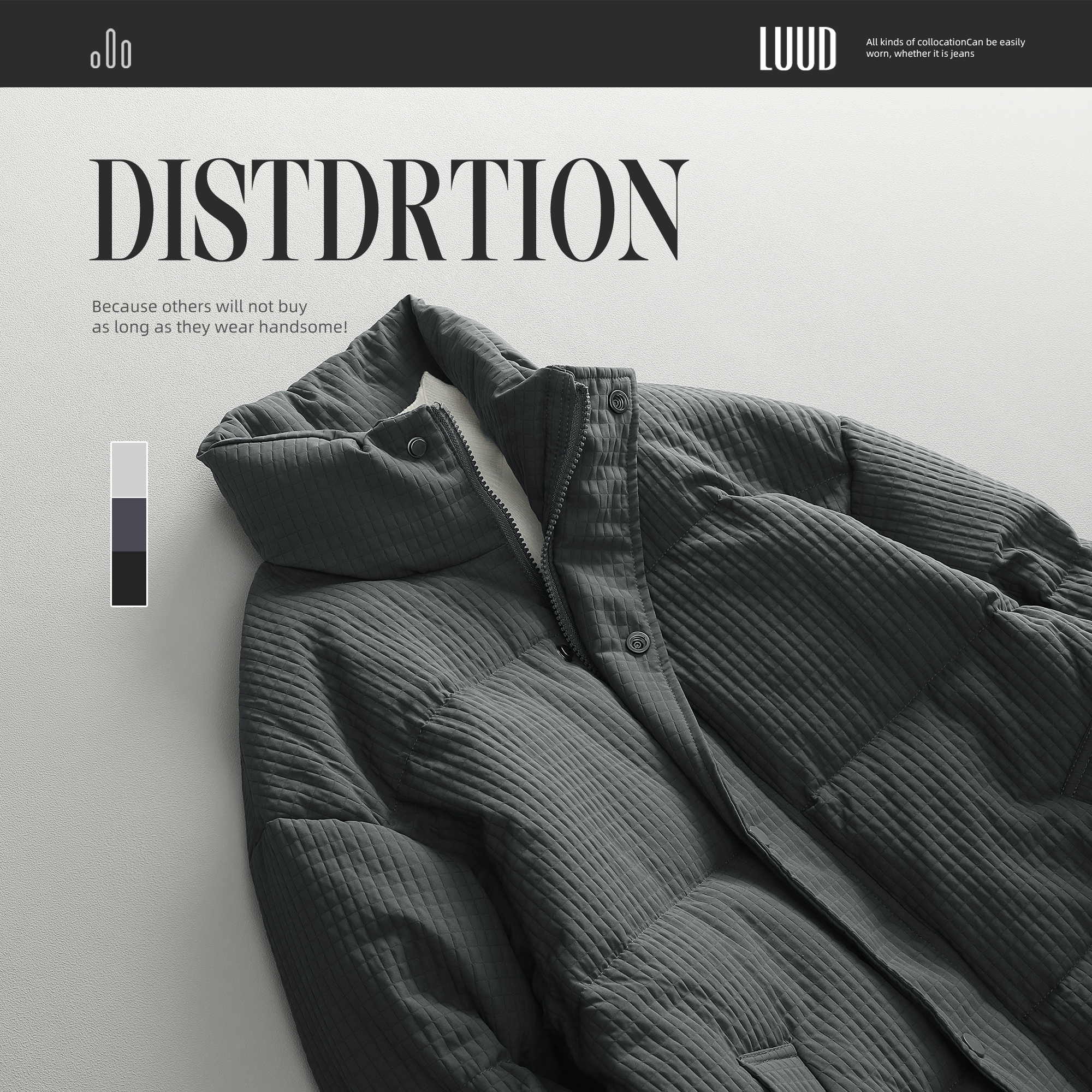 LUUD 时尚复古抗寒立领外套男新款玉米格纹理纯色休闲羽绒服男