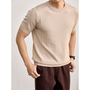 男士 LUUD 针织衫 T恤高密纱线颗粒感半袖 解构分割拼接罗纹圆领短袖