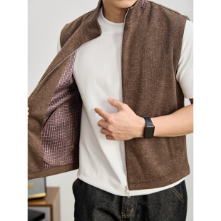 外套潮 复古格纹拼接立领无袖 LUUD 阿美咔叽叠穿针织拉链马甲男士