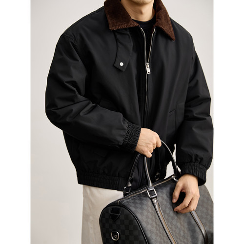 LUUD 撞色灯芯绒拼接翻领90白鸭绒男士羽绒服冬季工装风夹克外套