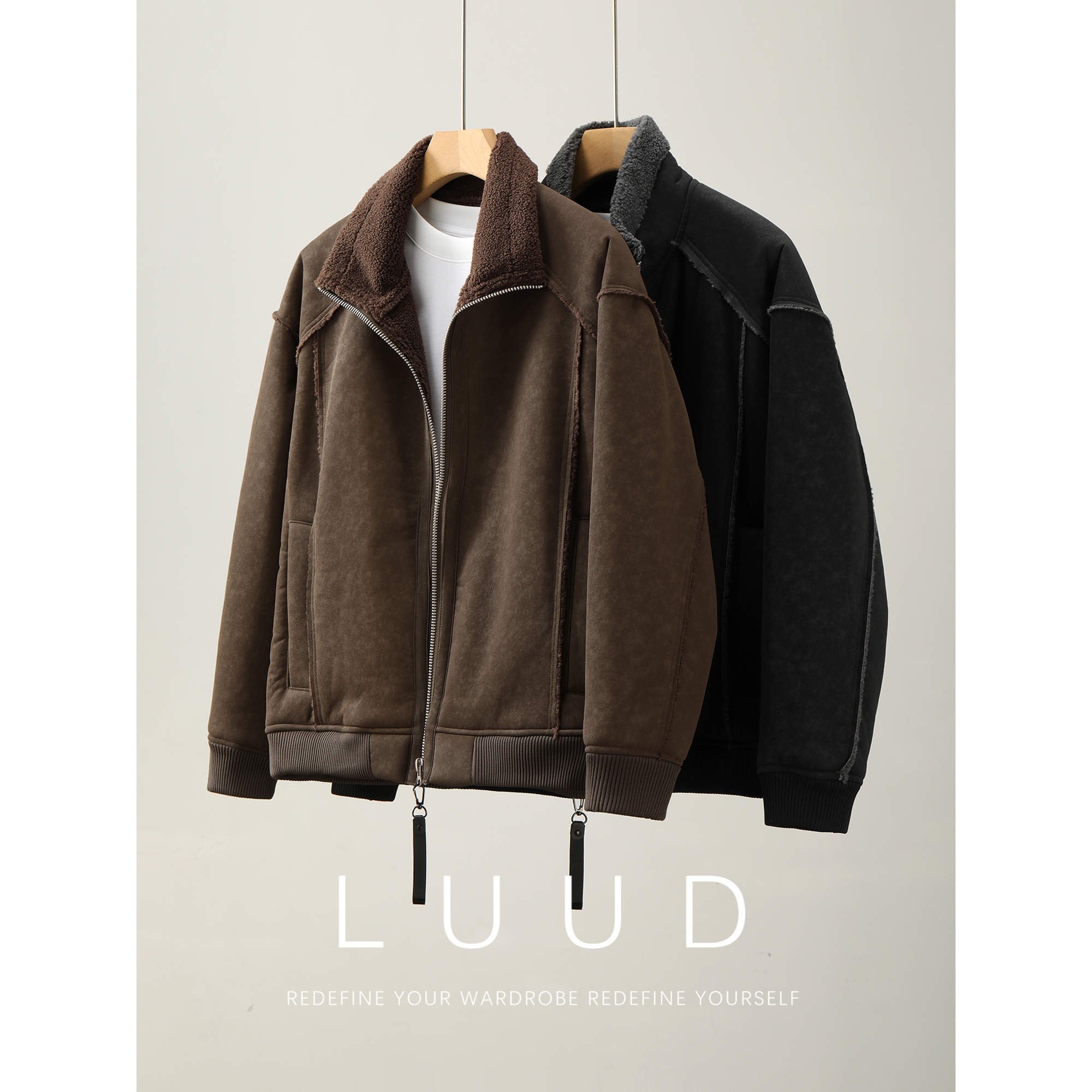 LUUD 皮毛一体麂皮绒飞行员夹克男士冬季加厚保暖羊羔绒内里外套