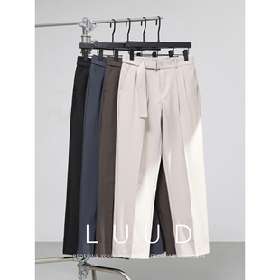 LUUD 意式雅奢纯色简约腰带款休闲西裤男士夏韩版直筒垂感剑道裤