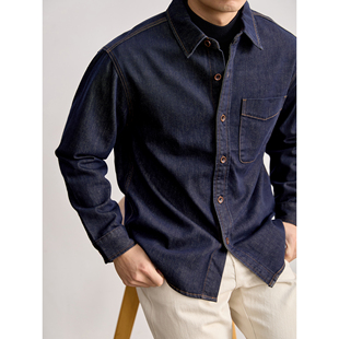 LUUD 外套男春定制复古纽扣牛仔衬衣 异色辑明线水洗原牛翻领衬衫