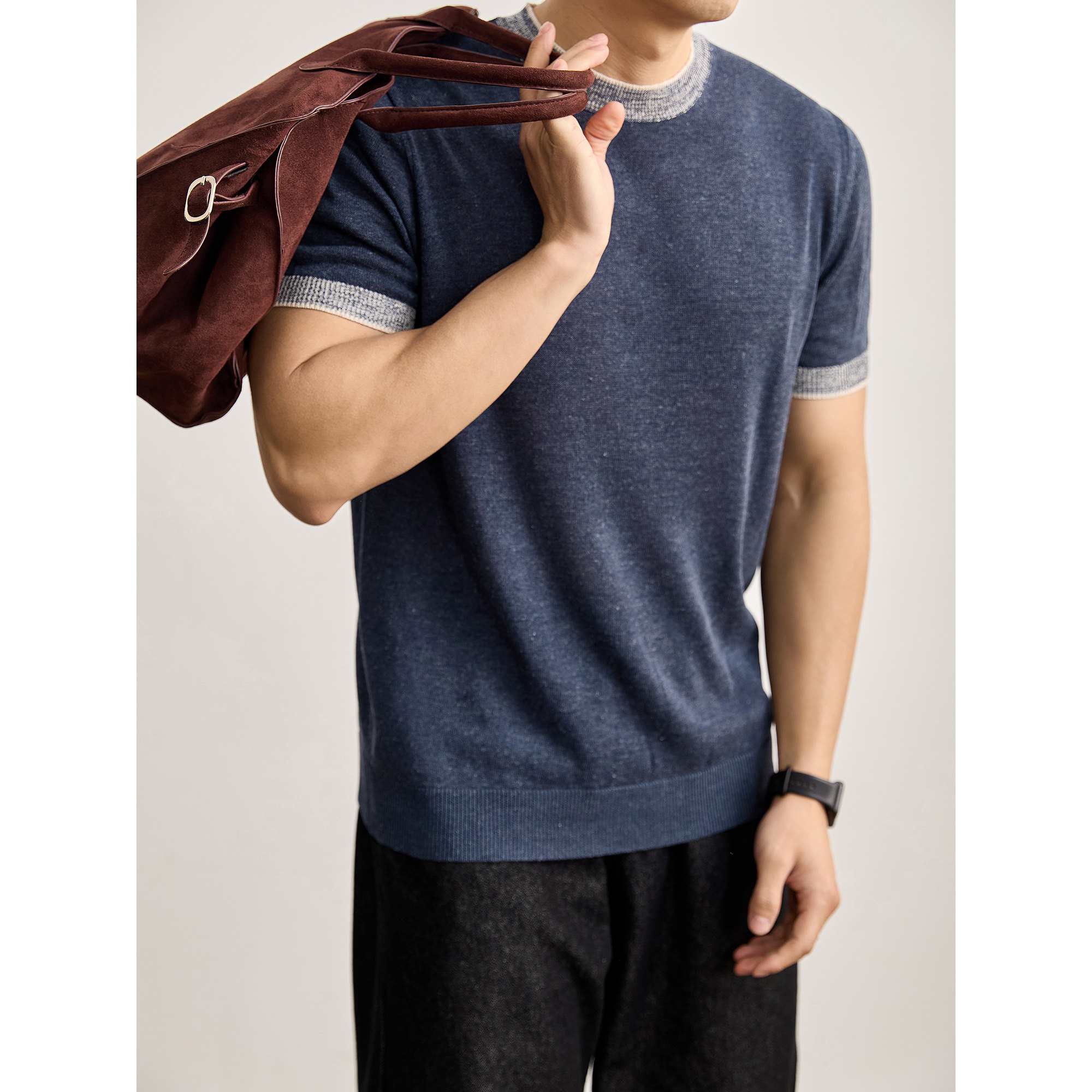 LUUD 莱赛尔天丝亚麻修身微收短袖上衣个性撞色针织圆领T恤男夏季