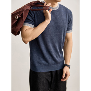 撞色针织圆领T恤男夏季 LUUD 上衣个性 微收短袖 莱赛尔天丝亚麻修身