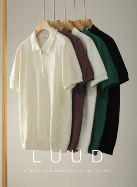 LUUD 新贵老钱砂感条纹肌理针织翻领短袖T恤男夏季透气清爽POLO衫
