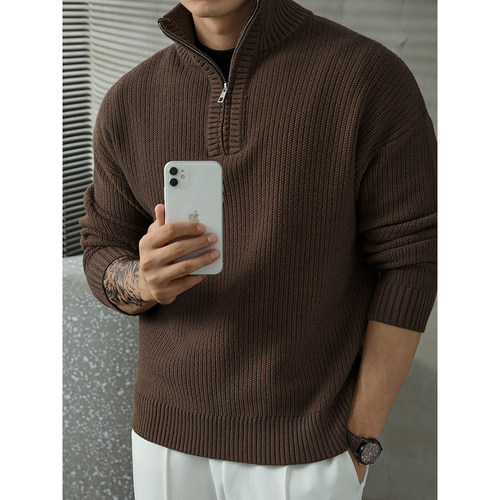 LUUD 咖啡色都市感半高领卫衣纹理感提花毛线衣男士半拉链针织衫