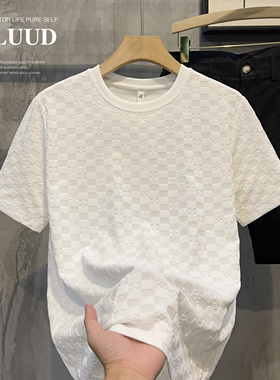 LUUD 高级感欧货格子花纹短袖衫男士轻奢气质纯色休闲圆领T恤上衣