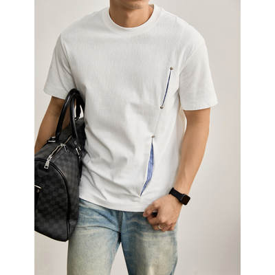 LUUD 230g细密凹凸肌理短袖男四瓣花形铆钉解构分割条纹撞色T恤衫