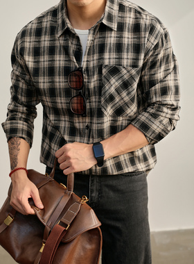 LUUD 春秋美式复古长袖撞色格纹衬衫男士古着慵懒风100%纯棉衬衣