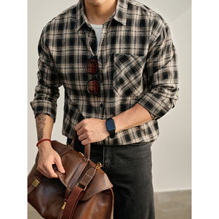 男士 LUUD 撞色格纹衬衫 复古长袖 古着慵懒风100%纯棉衬衣 春秋美式