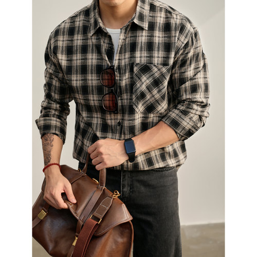 LUUD 春秋美式复古长袖撞色格纹衬衫男士古着慵懒风100%纯棉衬衣