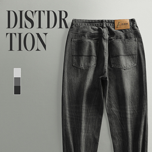 复古黑色牛仔裤 痞帅阔腿裤 男款 高街潮牌宽松直筒长裤 子 美式 LUUD