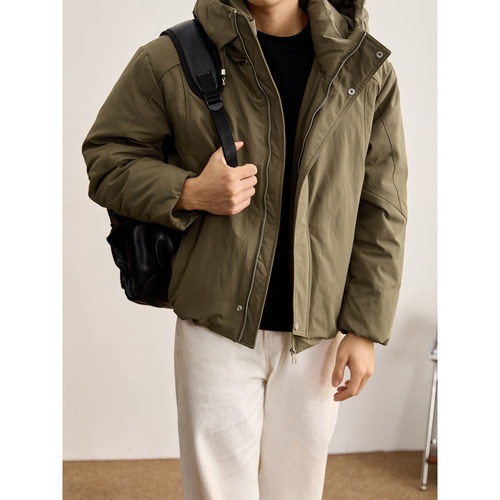 LUUD 解构分割设计铆钉点缀抽绳连帽羽绒服男冬鸭绒银离子外套男