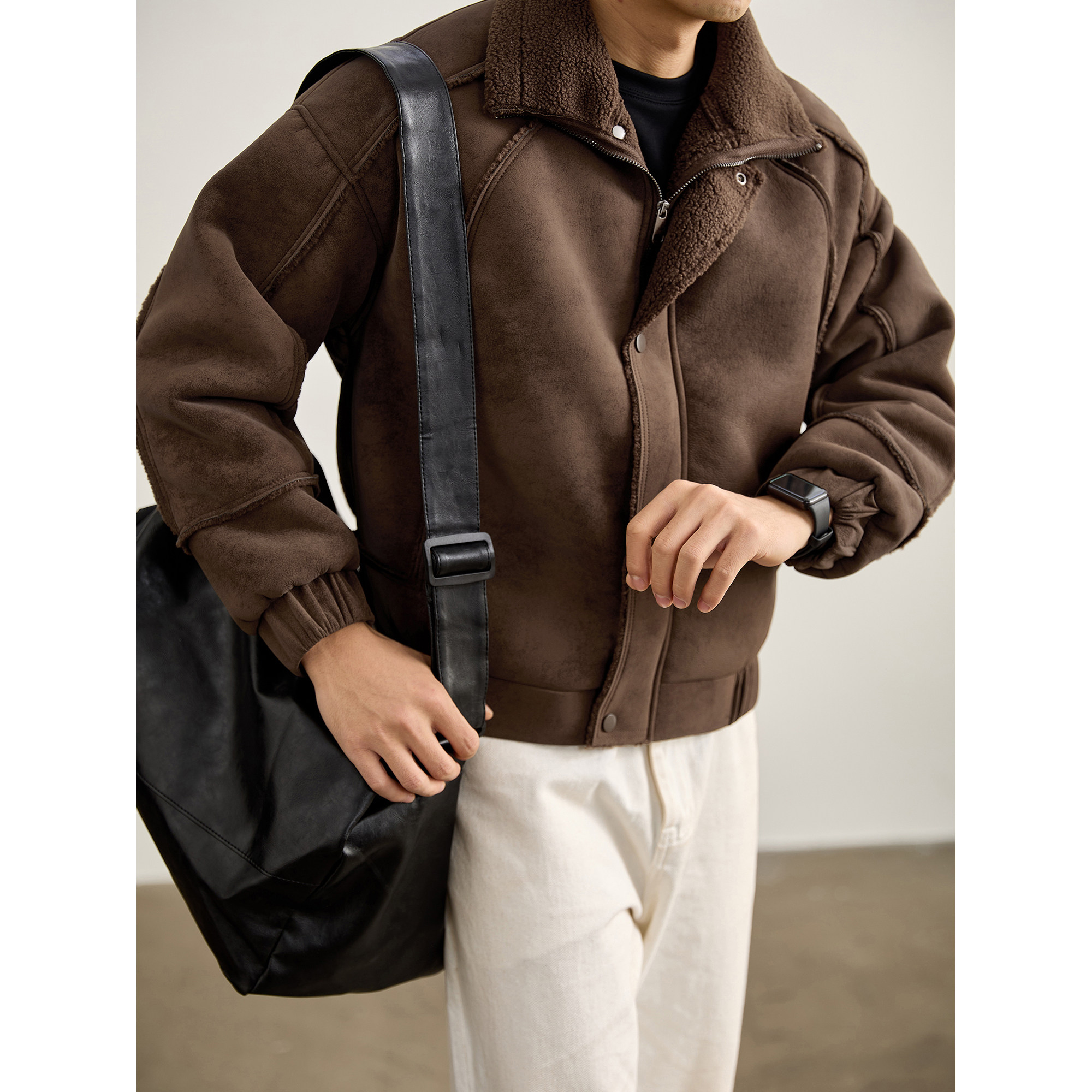 LUUD 立体裁剪设计短宽版型麂皮绒皮衣外套男冬皮毛一体加绒夹克