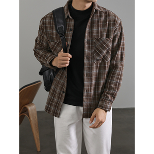 LUUD 美式经典复古格子毛呢衬衫外套男士英伦风翻领羊毛衬衣外套